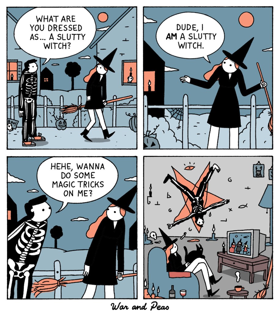 Funny 4-panel-comic about a slutty witch going out on halloween