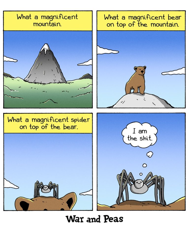 Panel 1:
A caption reads, "What a magnificent mountain." The panel shows a tall, snow-capped mountain under a blue sky.

Panel 2:
A caption reads, "What a magnificent bear on top of the mountain." The panel shows a bear standing on the peak of the mountain.

Panel 3:
A caption reads, "What a magnificent spider on top of the bear." The panel shows a close-up of a spider perched on the bear's head.

Panel 4:
The spider thinks, "I am the shit."
