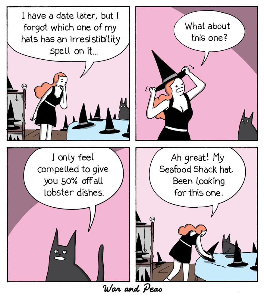 Funny 4-panel webcomic about a witch who cannot decide which magic hat to wear