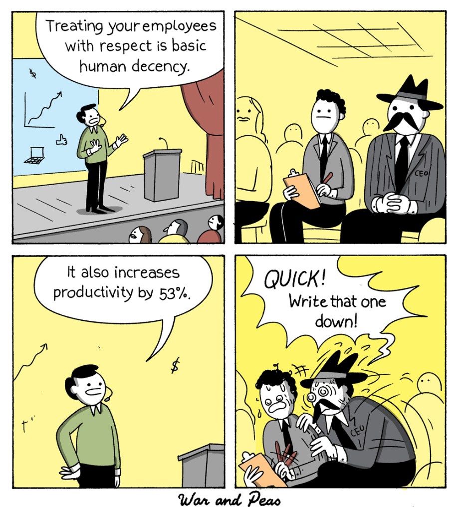 Funny 4-panel webcomic about an inspiring talk about how to increase productivity