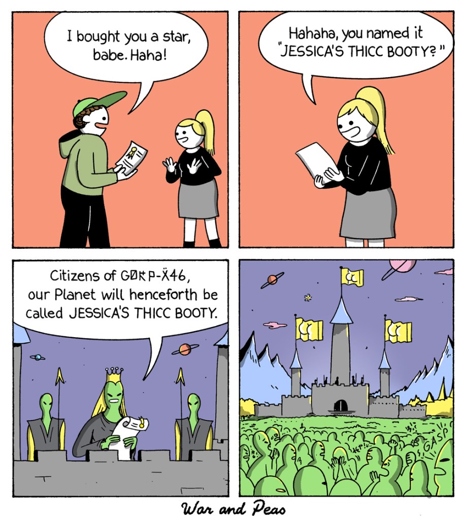 Funny 4-panel webcomic about a boy gifting his girlfriend a star