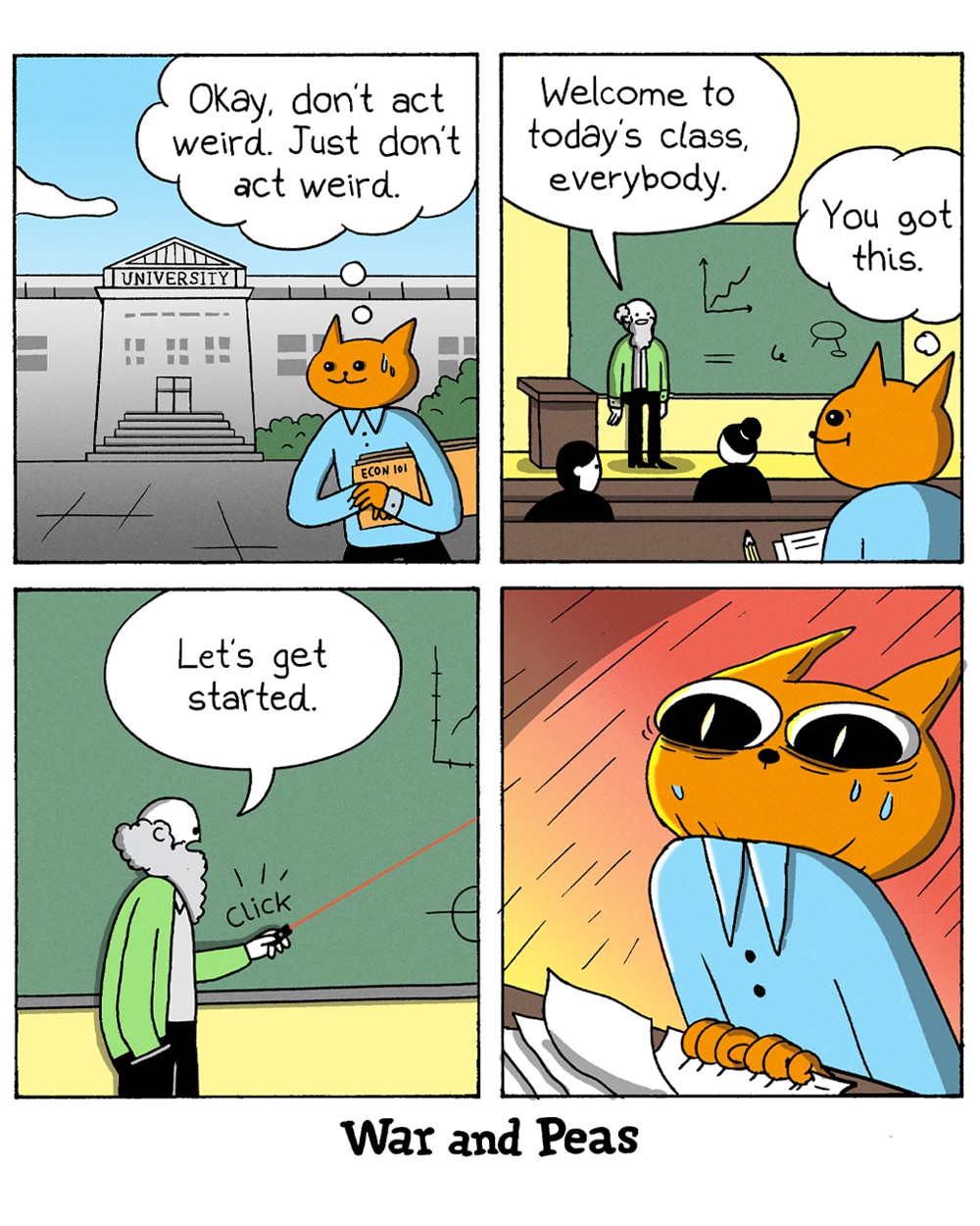 4-panel comic by War and Peas Panel 1: An orange cat in a blue shirt stands outside a university building, holding an "ECON 101" textbook. Thought bubble reads, "Okay, don't act weird. Just don't act weird." Panel 2: Inside a lecture hall. An elderly professor in a green jacket stands at a podium in front of a chalkboard. The cat sits among human students, thinking, "You got this." The professor says, "Welcome to today's class, everybody." Panel 3: The professor clicks a laser pointer against the chalkboard and says, "Let's get started." Panel 4: Close-up of the cat with dilated pupils, sweating, clutching crumpled papers — completely fixated on the red laser dot against a dramatic red background.