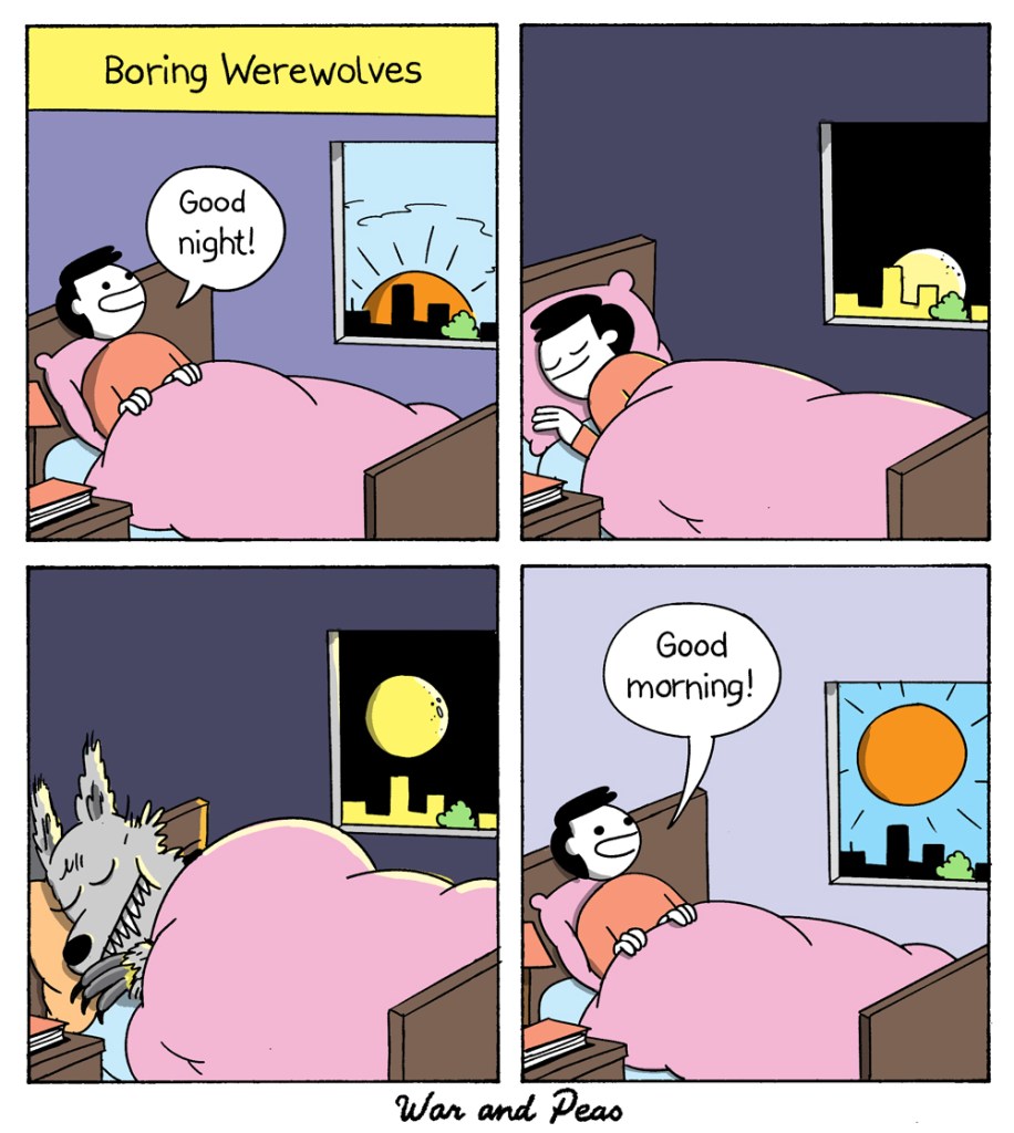 Funny 4-panel-comic about a boring werewolf who sleeps through a full moon night