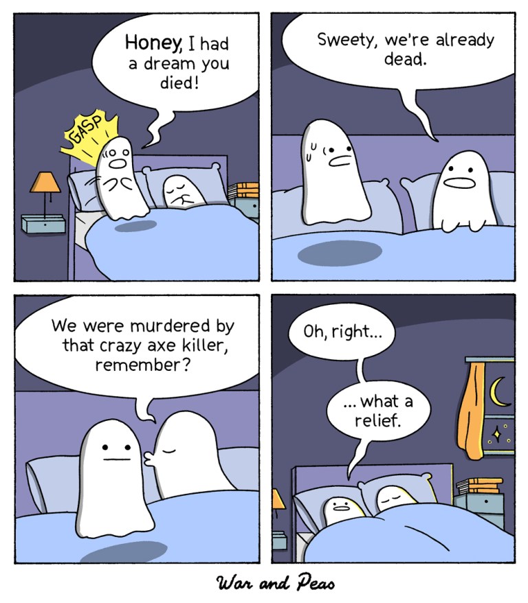 Comic strip by War and Peas about the nightmare of a ghost 1. Panel: A ghost wakes up from a bad dream and says to his ghost partner next to him: "Honey, I had a bad dream you died!" 2. Panel: The other ghost tries to comfort him and says: "Sweety, we're already dead." 3. Panel: "We were murdered by that crazy axe killer, remember?" 4. Panel: The first ghost says: "Oh right, what a relief." The moon shines in the room, it's very romantic.