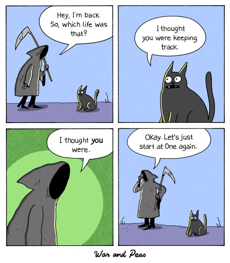 4-panel comic by War and Peas. Panel 1: The Grim Reaper with a scythe stands next to a black cat (Lord Nibbles) and asks "Hey, I'm back. So, which life was that?" Panel 2: A close-up of the cat looking confused and saying "I thought you were keeping track." Panel 3: Close-up of Death's hooded face as he responds "I thought you were." Panel 4: Death and the cat are shown together again as Death sighs "Okay. Let's just start at One again."
