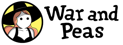 War and Peas Logo showing the round Slutty Witch Logo on the right and the War and Peas handwritten name logo on the left