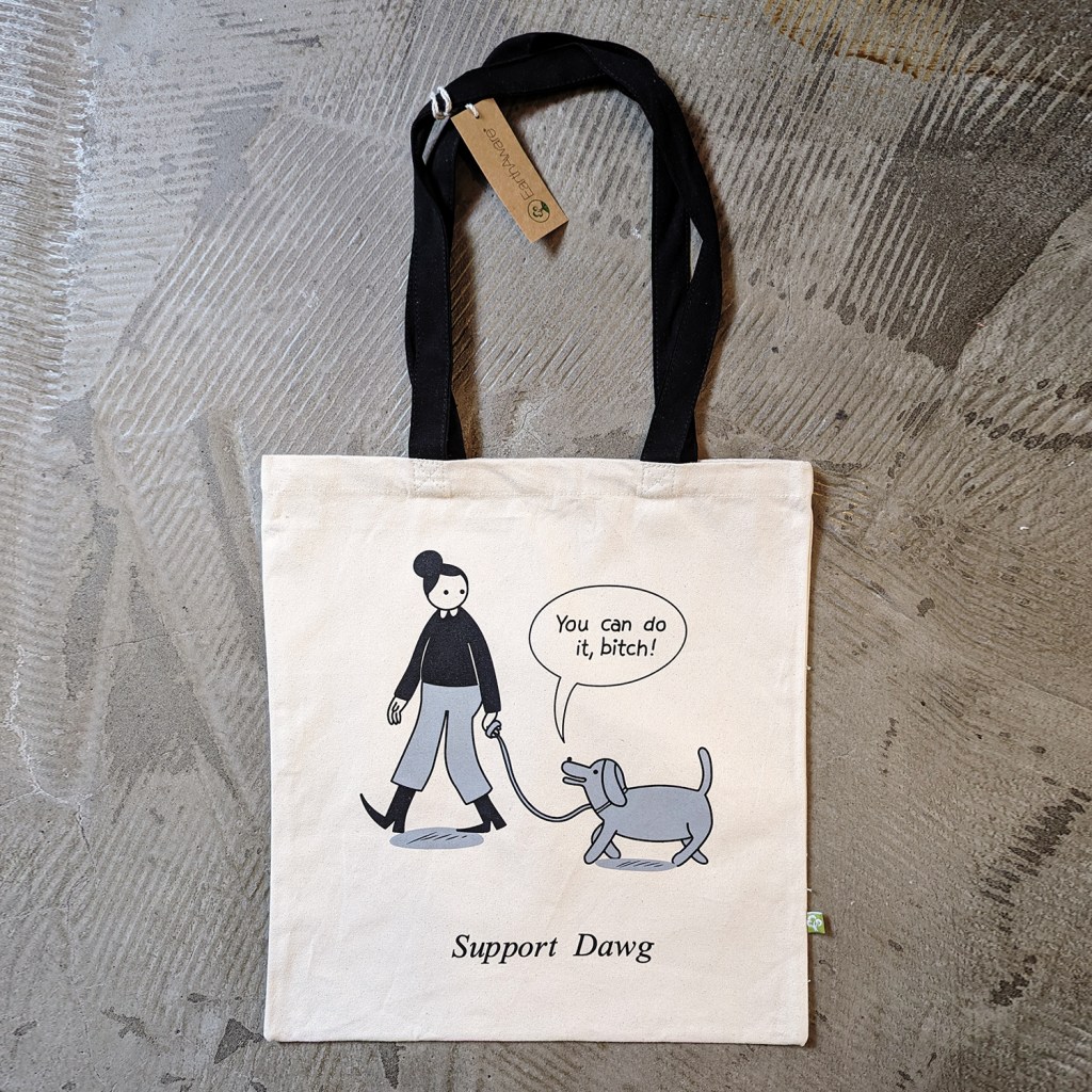 Support Dawg Tote Bag by War and Peas. Cartoon printed on organic cotton shopper bag with black handles