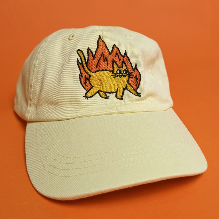 lemon dad cap with fire cat – orange background- 2