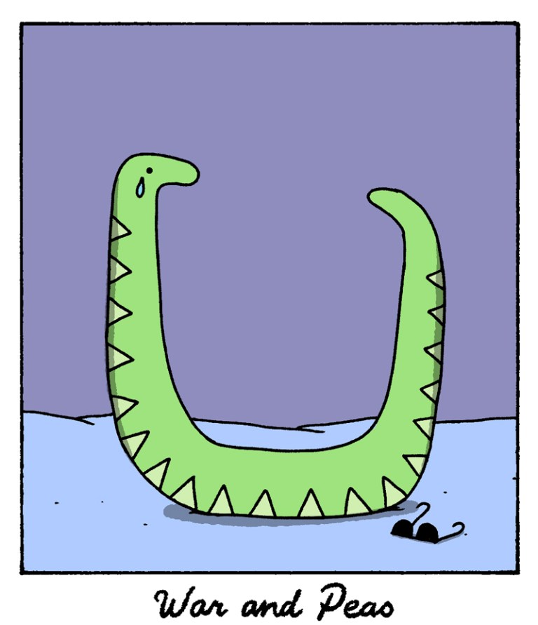 Panel 4: Zoom out, you can now see that it was the same snake all along – in a 'U' shape – talking to itself. A tear runs down its face