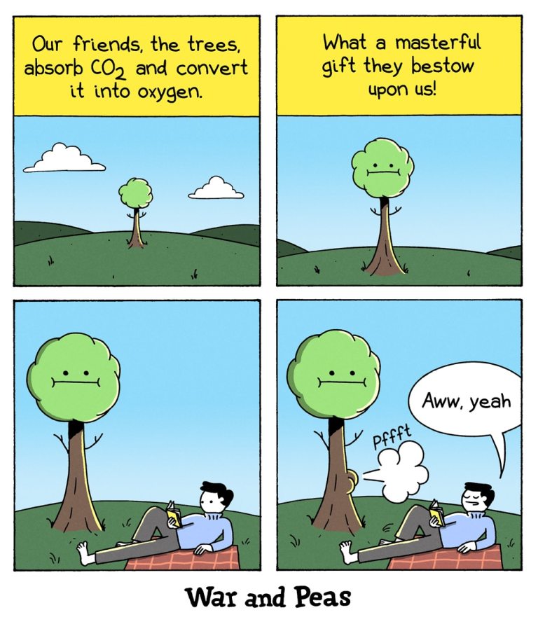 Panel 1: A lone tree stands on a grassy hill with blue skies and clouds in the background. Text above reads, "Our friends, the trees, absorb CO2 and convert it into oxygen."

Panel 2: The same tree is closer in view with a neutral expression. The text above says, "What a masterful gift they bestow upon us!"

Panel 3: The tree looks slightly annoyed as a man lies on a picnic blanket underneath, reading a book and relaxing.

Panel 4: The tree releases a puff of air labeled "pfft," while the man, smiling with satisfaction, says, "Aww, yeah." The comic's signature, "War and Peas," is at the bottom.