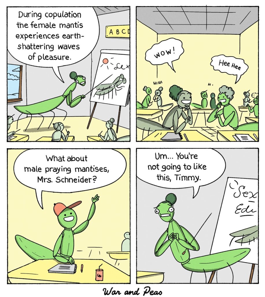 Comic about a teenage praying mantis in school