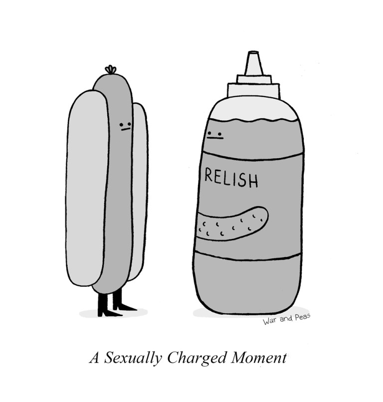 This single-panel comic by War and Peas depicts a hot dog and a bottle of relish standing next to each other, facing each other with blank expressions. The hot dog is anthropomorphized with small eyes and legs, as is the relish bottle, which also features a pickle illustration on its label. The caption at the bottom reads: "A Sexually Charged Moment," implying a humorous, awkward tension between the two food items.