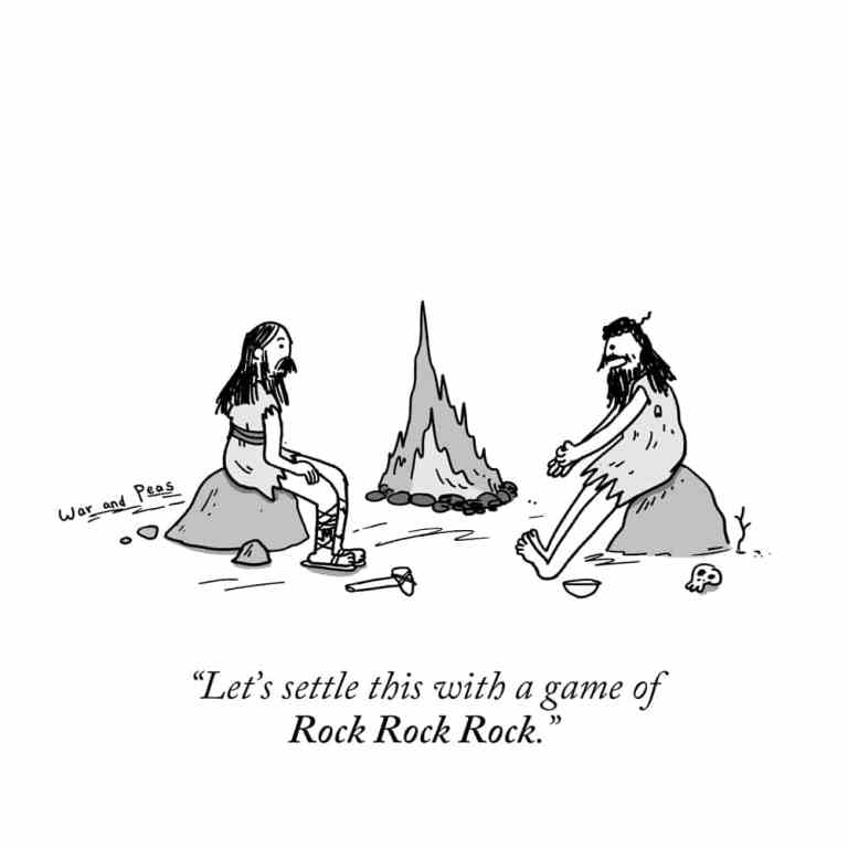 This is a single-panel cartoon by War and Peas. The image depicts two cavemen sitting across from each other with a pile of rocks between them. They are both seated on rocks, facing one another. One caveman has long hair and a beard, while the other has a slightly more rugged appearance. The caption below the image reads, "Let's settle this with a game of Rock Rock Rock."