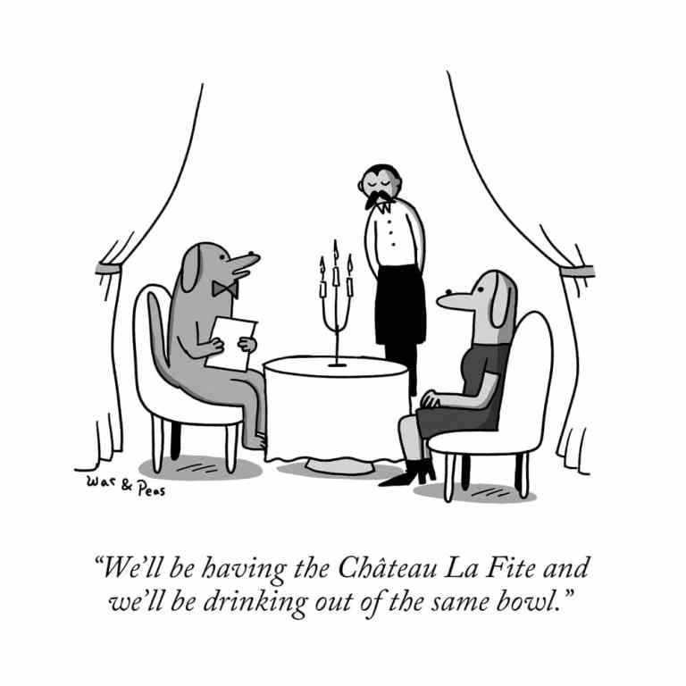 A cartoon showing two anthropomorphic dogs dining at a fancy restaurant. The dog on the left, wearing a bow tie, holds a menu and says to the waiter, "We'll be having the Château La Fite and we'll be drinking out of the same bowl." The dog on the right, dressed in a black dress, sits elegantly. A waiter with a mustache stands nearby, looking attentive.