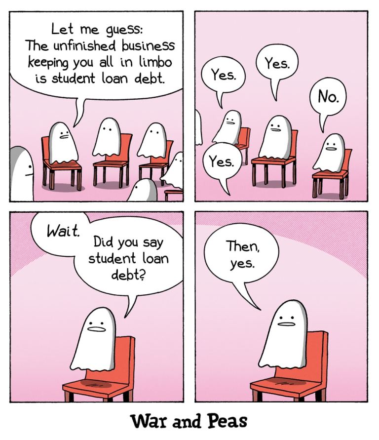 4-panel comic by War and Peas.

Panel 1: A ghost facilitator sits before a small group of other ghosts, all seated on red chairs in a softly lit pink room. The facilitator says, “Let me guess: The unfinished business keeping you all in limbo is student loan debt.”

Panel 2: Three of the ghosts immediately reply “Yes,” while one ghost sitting on the far right simply says, “No.”

Panel 3: The ghost who said "No" now looks thoughtful and asks, “Wait. Did you say student loan debt?”

Panel 4: That same ghost quickly changes its answer and says, “Then, yes.”

This comic humorously captures the generational burden of student debt, even in the afterlife. A grimly relatable take on modern economic limbo.