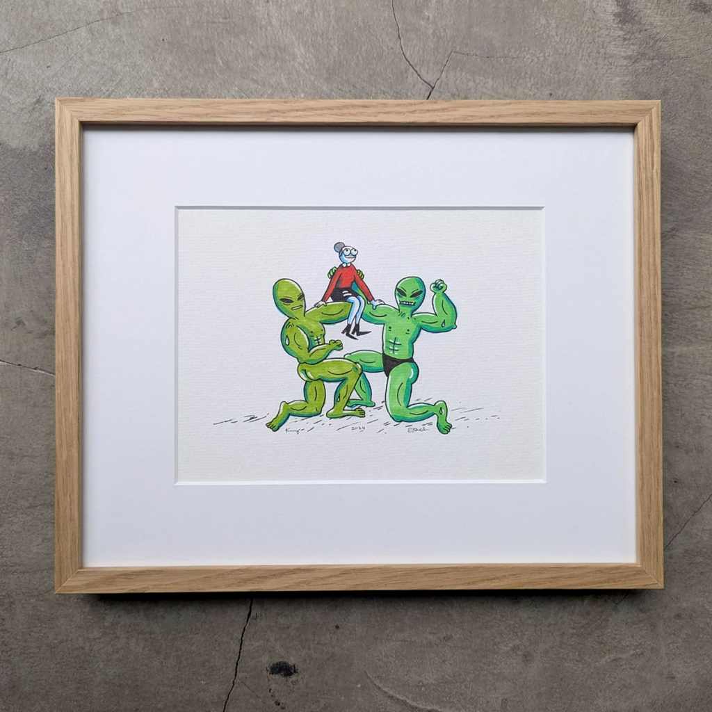 Hilarious original comic art print featuring the ‘Thirsty Scientist’ character – a red-dressed scientist carried by buff green aliens. Encased in a luxury German frame, it’s a must-have for fans of surreal, conversation-starting art and unconventional collectibles.