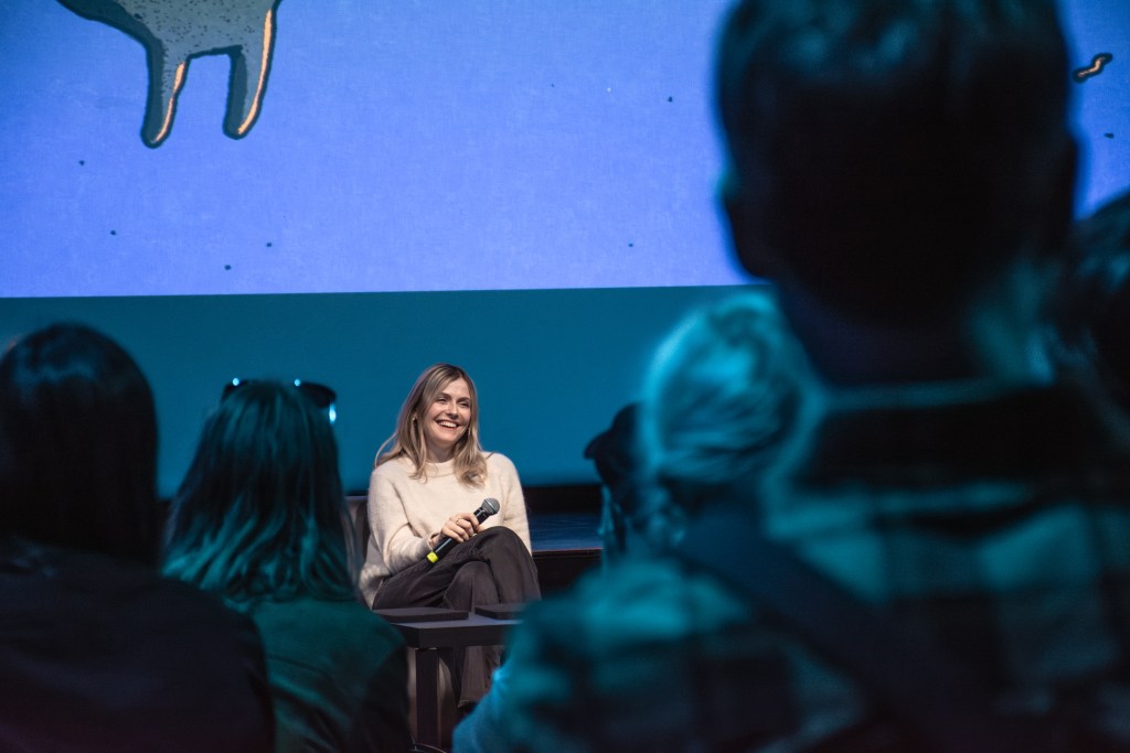 Elizabeth Pich lauging during an interview. Photo: Marcel Obal / Kino Šiška