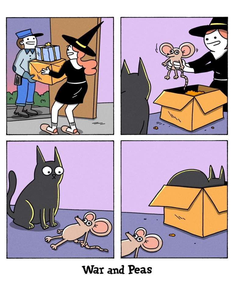 Panel 1:
A witch, dressed in black with a pointed hat, opens the door to a delivery person holding several boxes.
Panel 2:
The witch presents a mouse doll to her black cat, Lord Nibbles, who looks at it with curiosity. The doll is small and plush, resembling a mouse.
Panel 3:
The mouse doll lies on the floor, and Lord Nibbles looks at it not knowing what to do with it.
Panel 4:
Lord Nibbles ignores the mouse doll and is instead sitting inside one of the delivery boxes.
