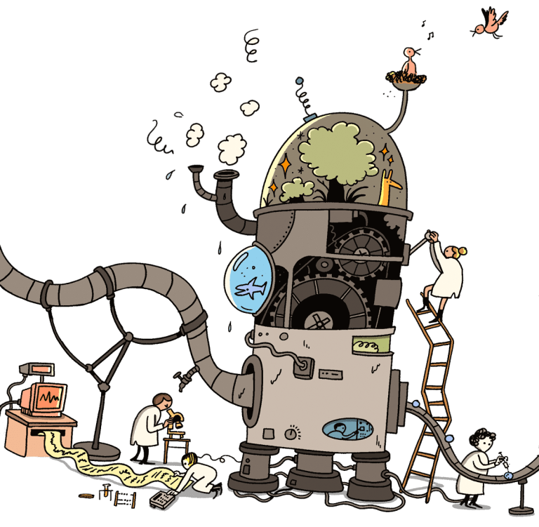 The experiment has grown into an enormous, complex contraption with multiple levels, gears, tubes, and chambers. Scientists work at different stations around the towering apparatus. Blue figures appear at various points in the machine, with one visible in a display window. The machinery suggests an increasingly elaborate longevity manufacturing process.