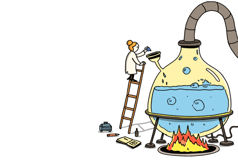 A scientist in a white lab coat stands on a ladder, pouring a small blue figure into a large yellow laboratory flask filled with bubbling blue liquid. The flask is heated by flames underneath and connected to tubes, suggesting an experimental setup for creating longevity.