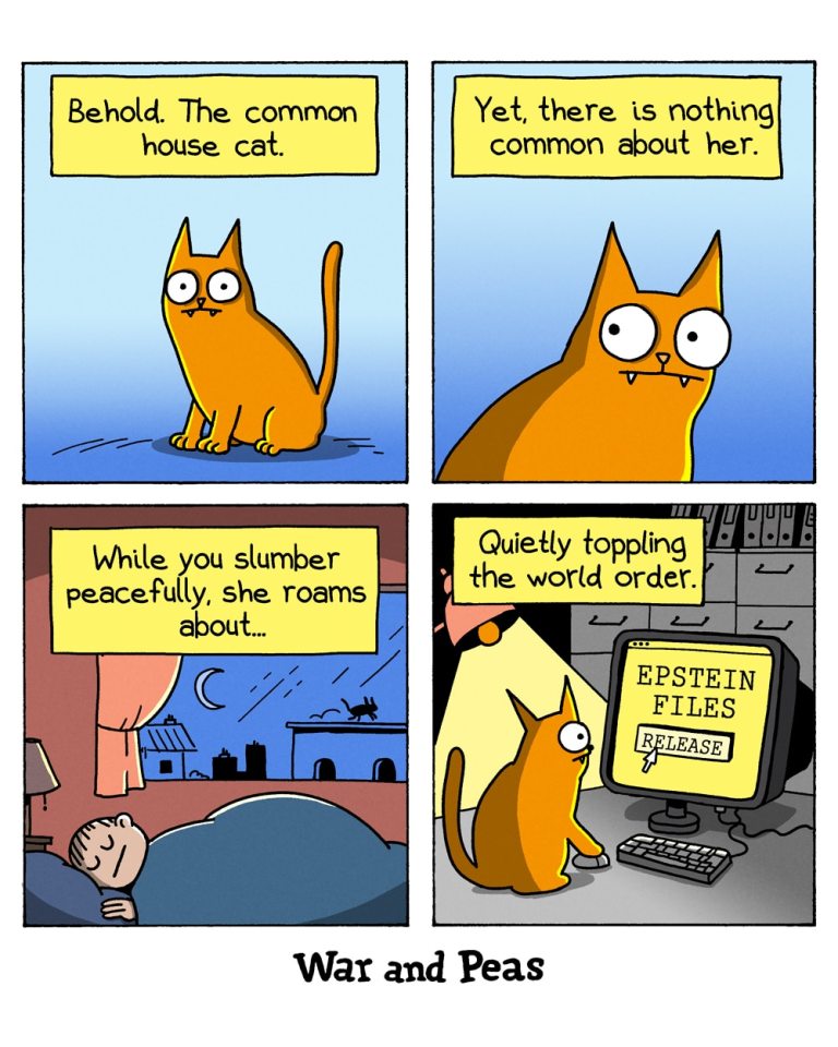 Panel 1:
A text box reads, "Behold. The common house cat." Below it, an orange cat with large eyes sits calmly.
Panel 2:
A text box reads, "Yet, there is nothing common about her." The same cat is shown with an intense expression.
Panel 3:
The cat is depicted outside at night, walking on a rooftop while a person sleeps peacefully in bed. The text box reads, "While you slumber peacefully, she roams about..."
Panel 4:
The cat sits in front of a computer screen with a button labeled "EPSTEIN FILES RELEASE." The text box reads, "Quietly toppling the world order." The cat's paw is poised over the button.