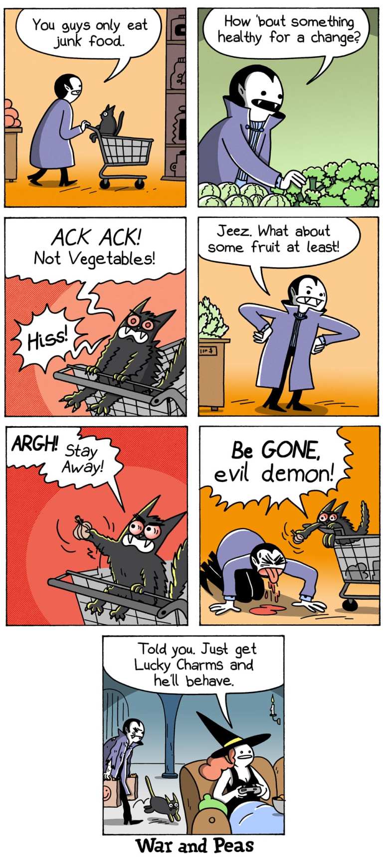 7-panel-comic by War and Peas:
Panel 1:
A vampire scolds a black cat (Lord Nibbles) in a shopping cart, saying, "You guys only eat junk food."
Panel 2:
The vampire asks the cat, "How 'bout something healthy for a change?" and looks at broccoli
Panel 3:
The cat, now looking furious and hissing, shouts, "ACK ACK! Not Vegetables!"
Panel 4:
The vampire suggests, "Jeez. What about some fruit at least!"
Panel 5:
The cat, holding a clove of garlic in front of the vampire, shouts, "ARGH! Stay Away!"
Panel 6:
The vampire spits blood and says. The cat yells, "Be GONE, evil demon!"
Panel 7:
The vampire and the cat return home. A witch sits on the couch playing video games and says, "Told you. Just get Lucky Charms and he'll behave."