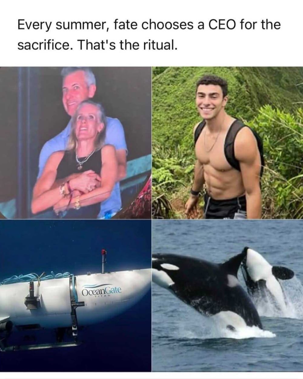 Viral internet meme with a four-image grid and the caption "Every summer, fate chooses a CEO for the sacrifice. That's the ritual." Top left: Astronomer CEO Andy Byron and chief people officer embracing at a Coldplay concert, the moment that went viral in July 2025 when the stadium kiss cam caught them amid alleged-affair rumors; both resigned. Top right: Luigi Mangione, the man charged with the December 2024 murder of UnitedHealthcare CEO, shown shirtless and hiking. Bottom left: the OceanGate Titan submersible, the deep-sea vessel that imploded in 2023. Bottom right: an orca (killer whale) leaping from the ocean, a nod to the orcas that have been ramming and sinking boats off the Iberian coast. The meme is dark humor tying together summer news stories involving CEOs, executives, and viral disasters.
